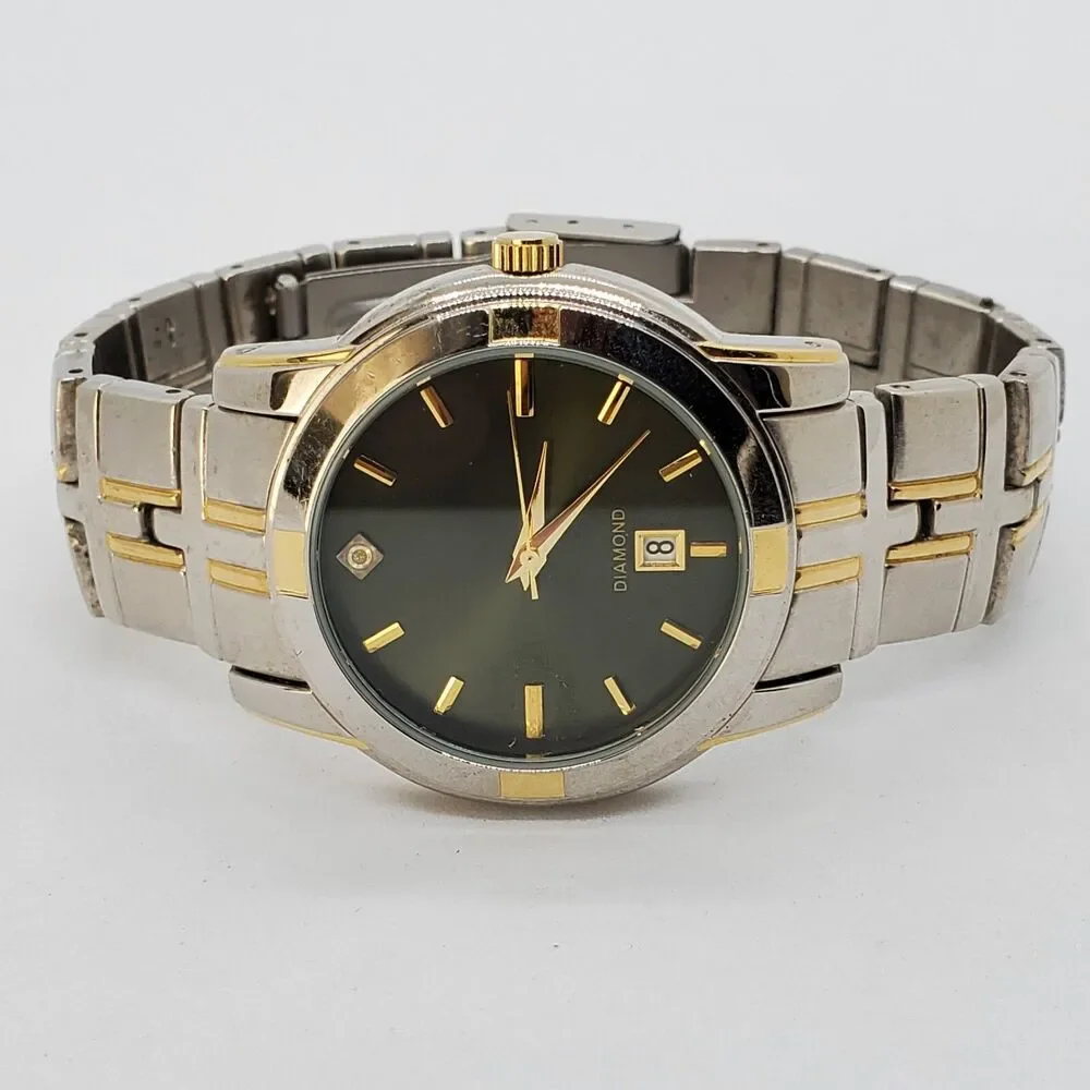 Men's Watch Diamond Accent 38MM Black‎ Dial Gold Gray Band Date 7